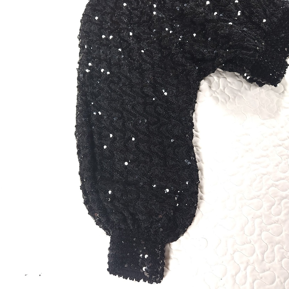 Large Black Sequin Evening Blouse Relaxed Fit Formal Top Balloon Sleeve Wedding - Picture 4 of 9